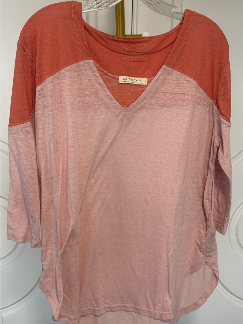 Free People We The Free Colorblock V Neck Tee Pink Orange Oversized Small